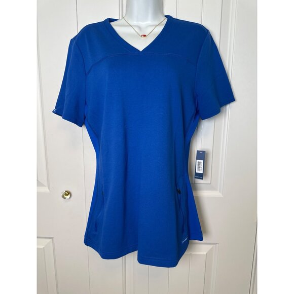 Jaanuu Fit & Flare Scrub Top, Navy Blue, V-Neck Short Sleeve, Size: M, NWT - Picture 1 of 9